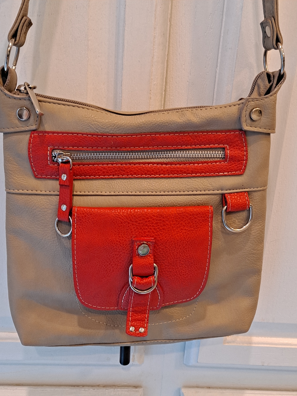 Neutral Beige Crossbody Bag w/Bright Red Pocket Detail Nautical Liner Minimal